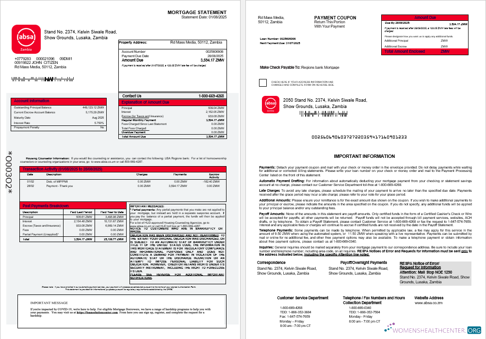 Download Zambian Absa bank mortgage statement in Word and PDF formats 1 2 Photoshop template